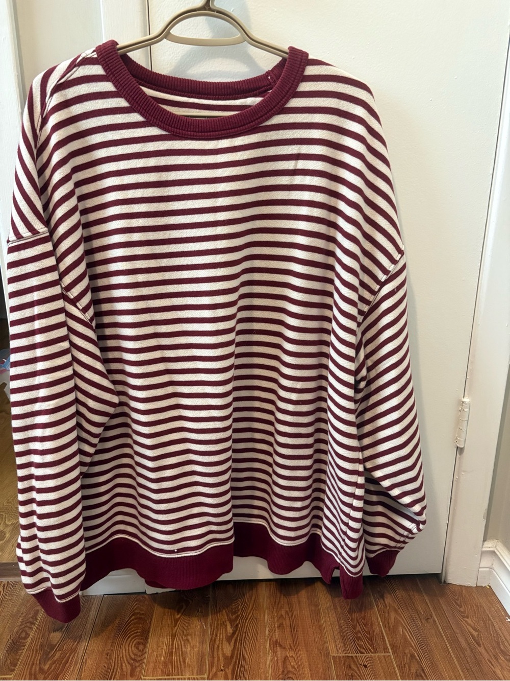 aerie Burgundy and Cream Striped Crewneck Sweater